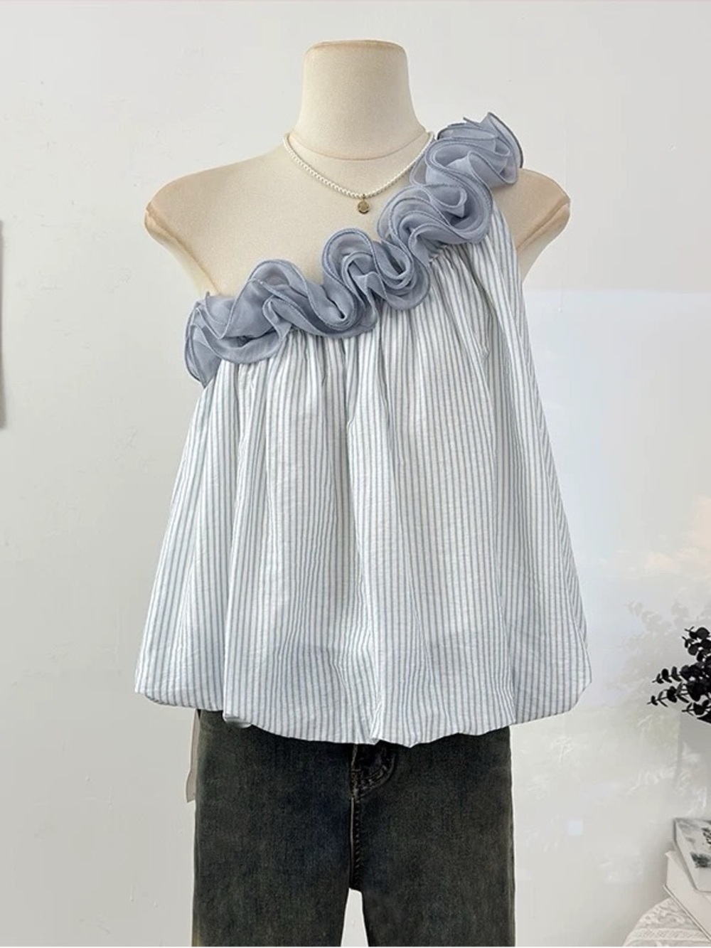 One-Shoulder Ruffle Trim Striped Top - Light Blue